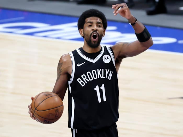 May 6, 2021; Dallas, Texas, USA; Brooklyn Nets guard Kyrie Irving (11) reacts during the third quarter against the Dallas Mavericks at American Airlines Center.